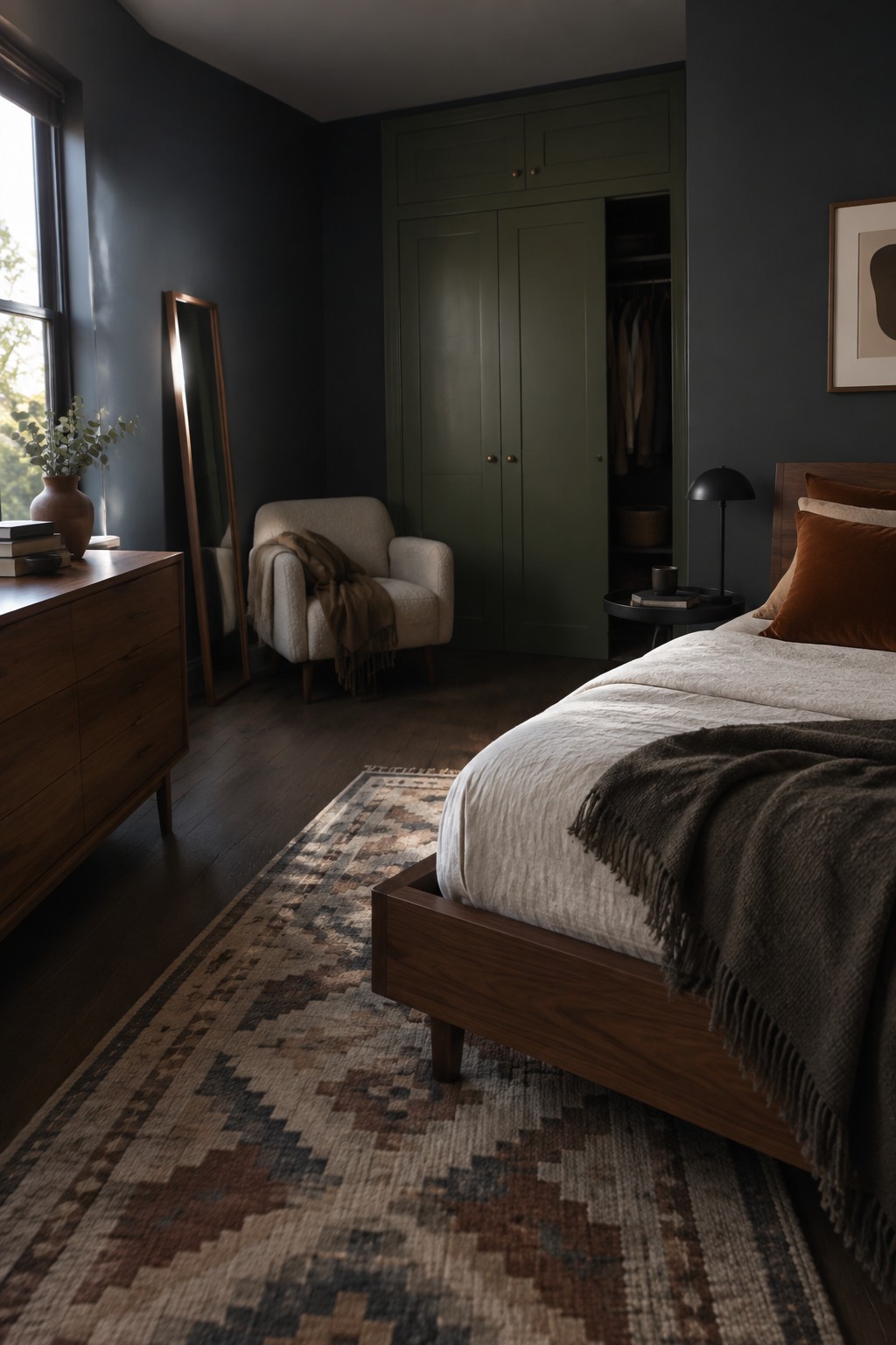 Deep green paint covers the tall built-in wardrobe doors in a dark bedroom.