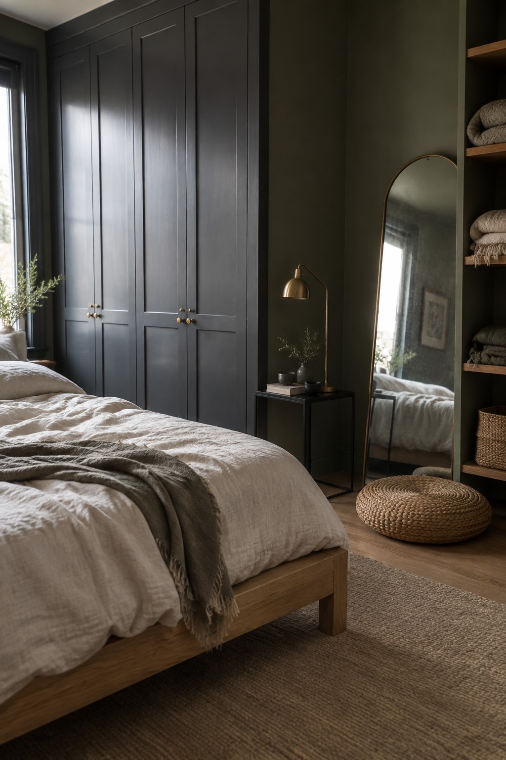 A moody bedroom with deep green walls and built-in wardrobe beside warm wood flooring.