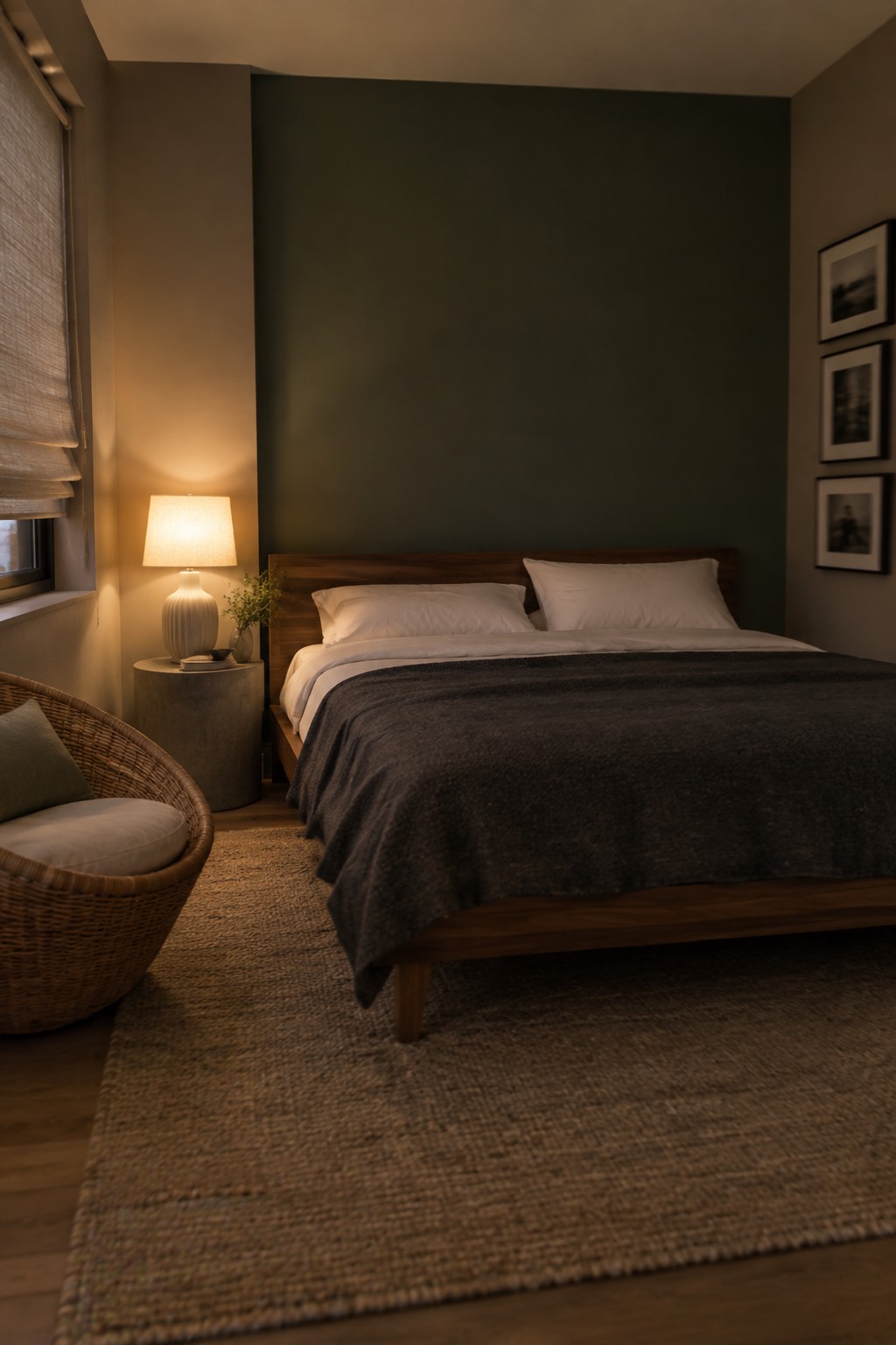 A bedroom featuring a deep green accent wall behind a wooden bed frame.