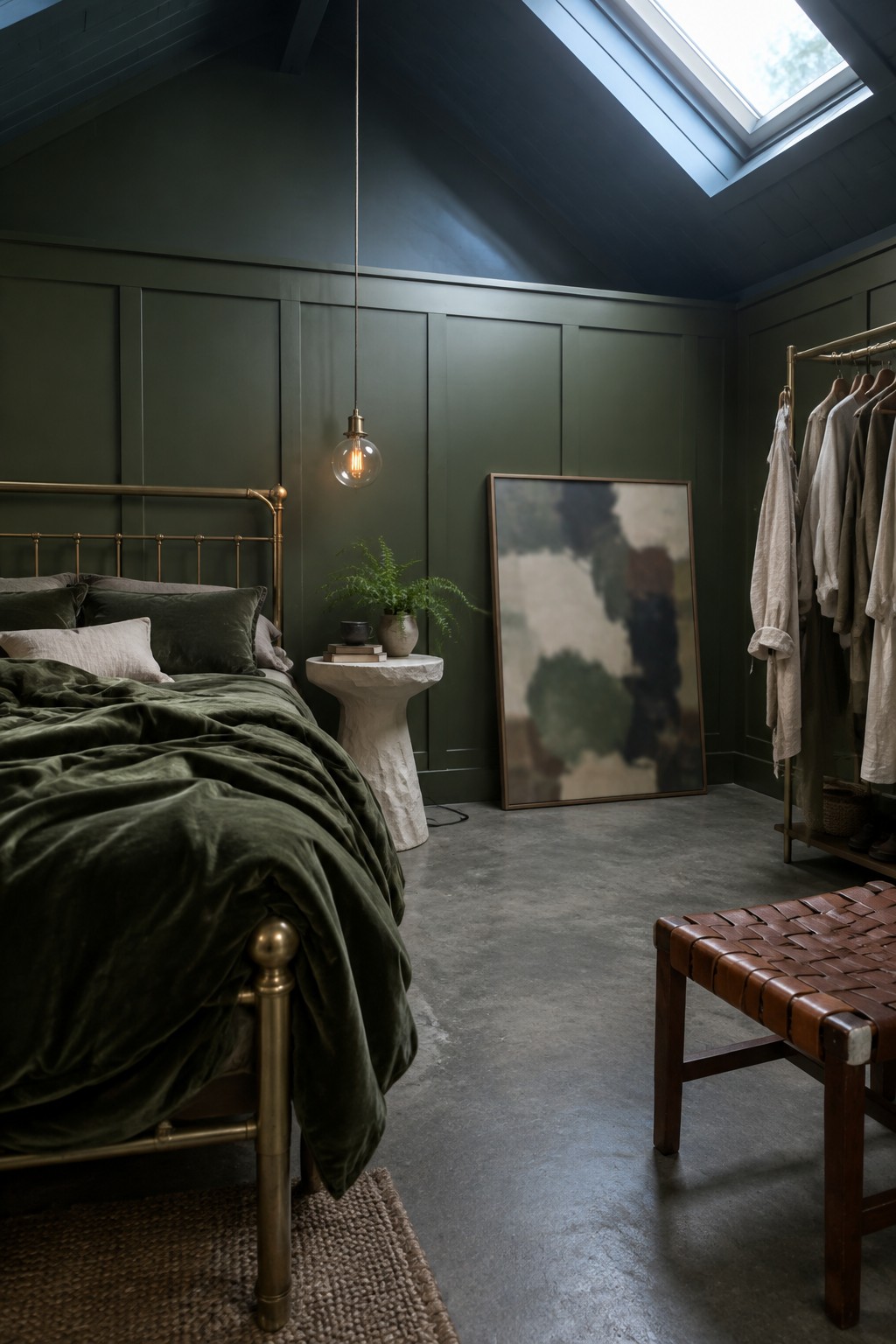 Dark green bedroom with brass bed, velvet bedding, pendant light, abstract art, clothing rack.