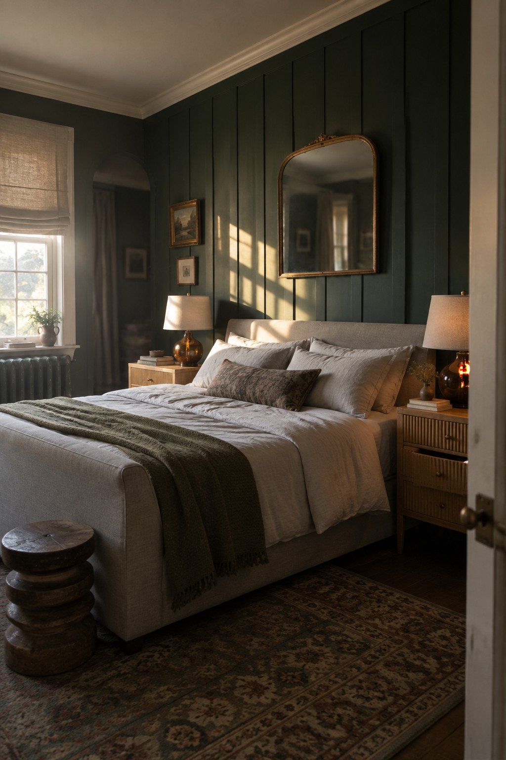 Sunlit bedroom with dark green walls, gray bed, wooden nightstands, ornate mirror, and patterned rug