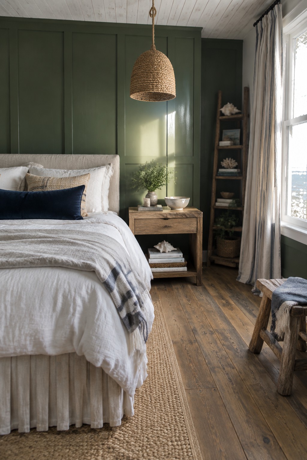 Cozy bedroom with green walls, white bedding, woven pendant light, and wooden nightstand.