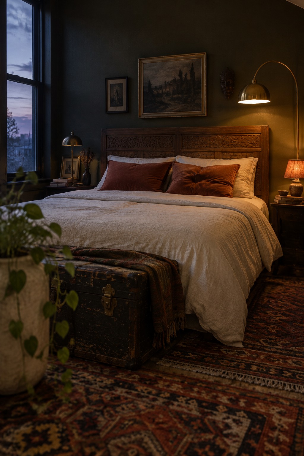 Cozy dark green bedroom with carved wooden bed, terracotta pillows, vintage trunk, and layered rugs.