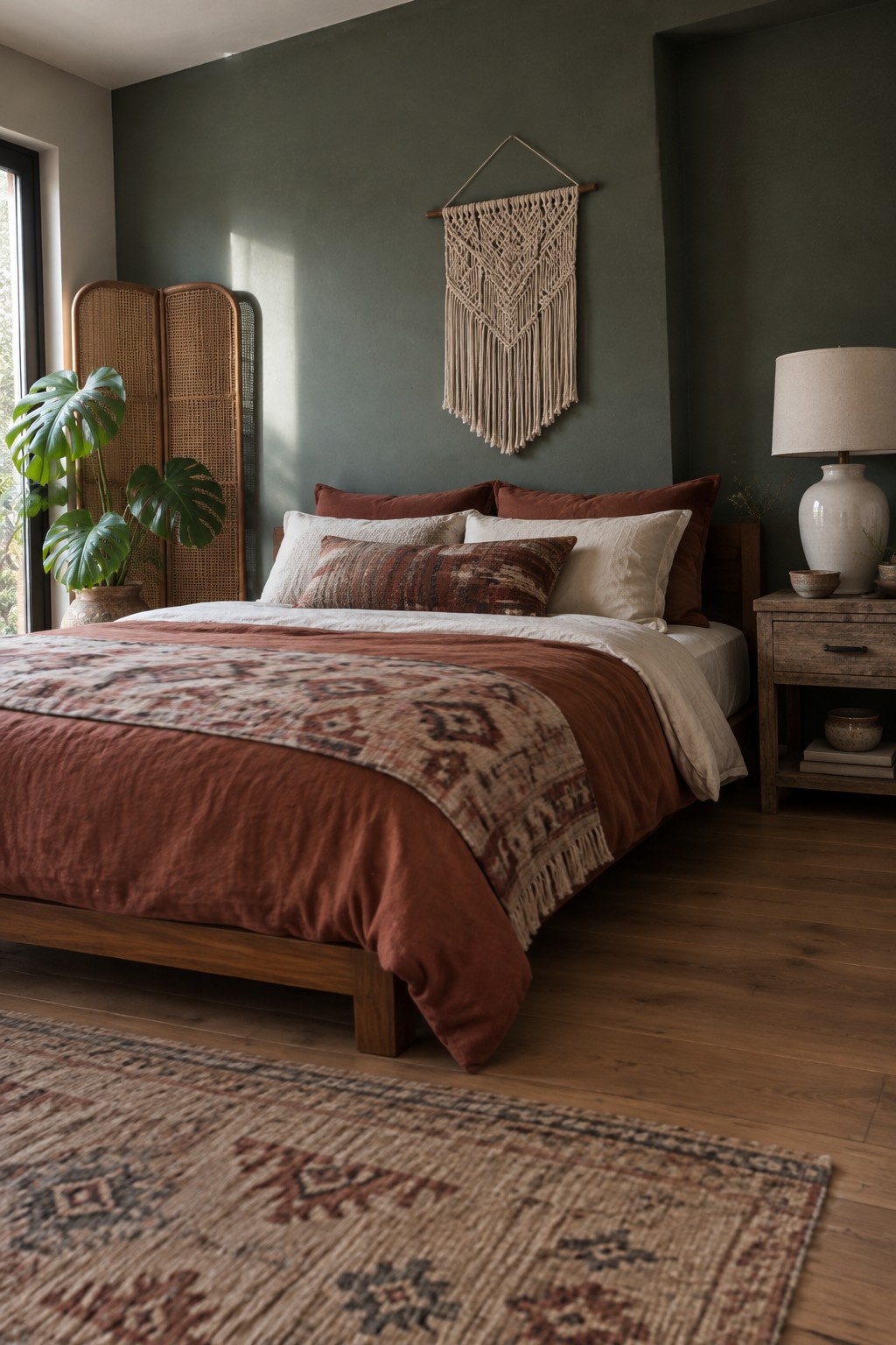 Cozy bedroom with rust bedding, macrame wall hanging, wooden bed, and green walls