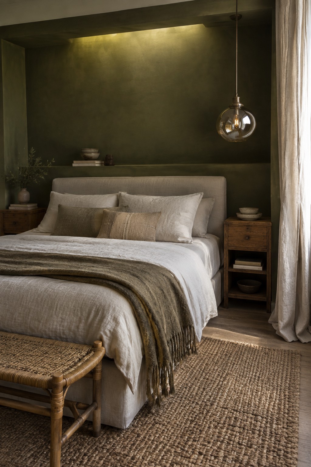 A deep olive green accent wall behind a bed with warm wood nightstands in a bedroom.