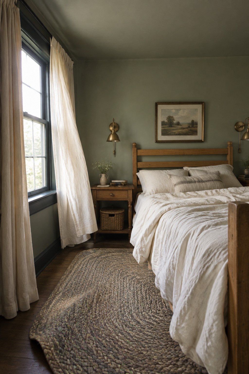 Muted green bedroom walls next to warm wood furniture and white bedding.