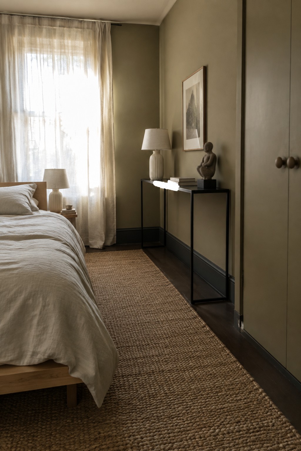 Minimalist bedroom with white linen bedding, olive walls, console table, and woven jute rug.