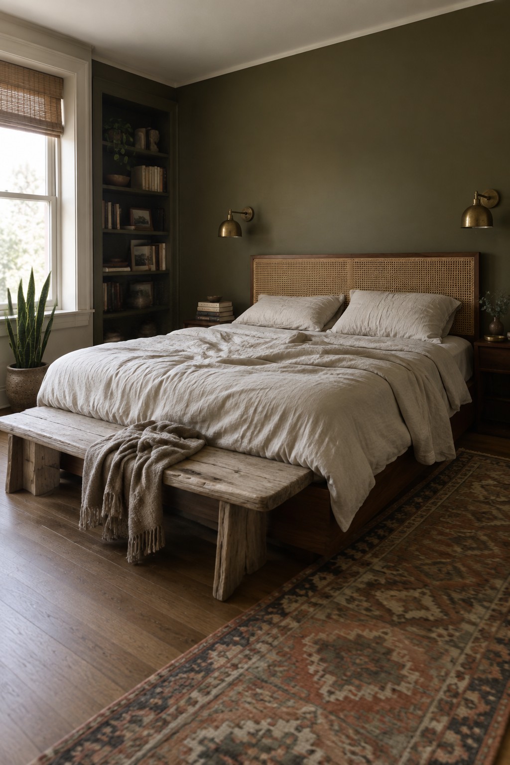 A bedroom with deep earthy green walls and a wooden bed frame.