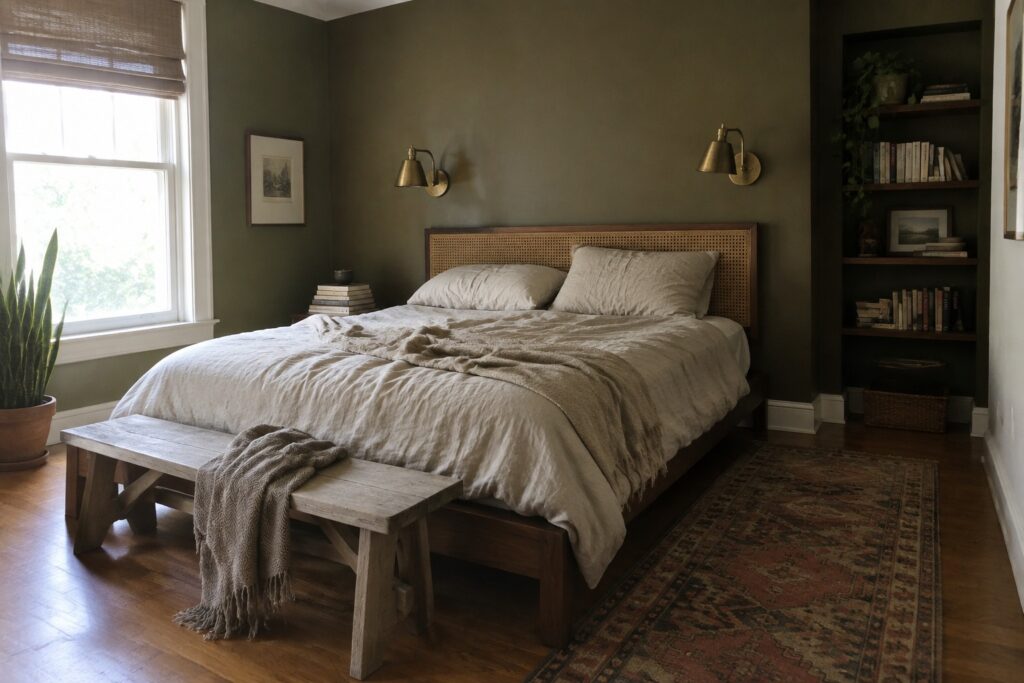 23 Moody Bedroom Color Combinations Built Around Earthy Greens and Deep Neutrals A bedroom with deep earthy green walls and a wooden bed frame.