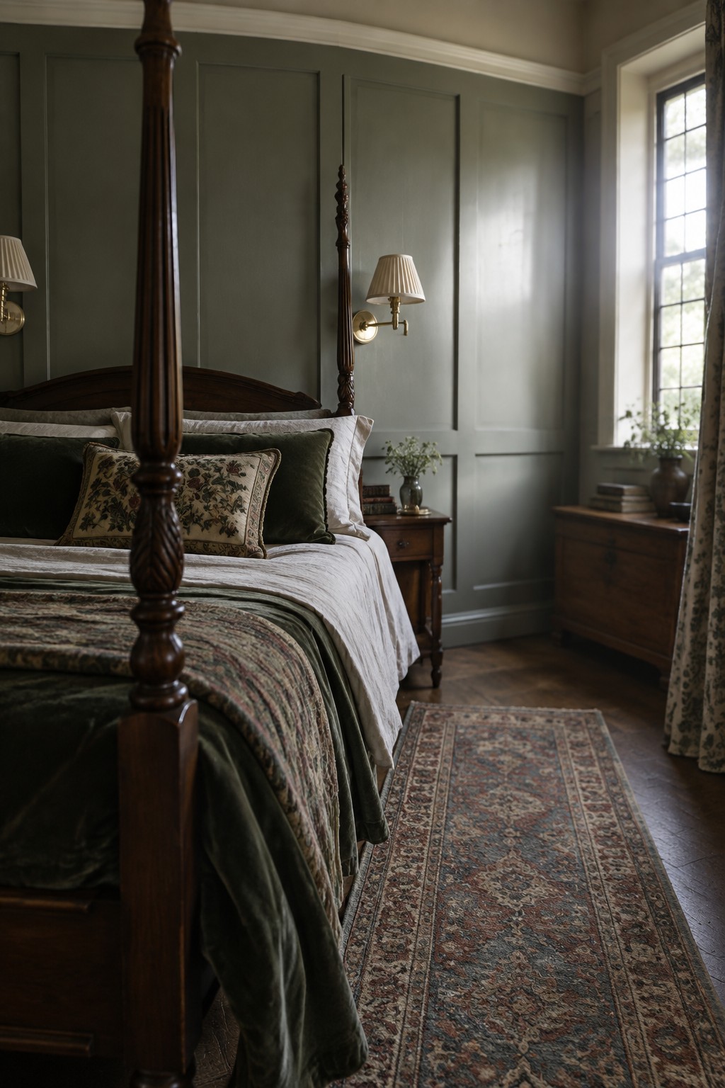 Muted sage green walls with wood paneling in a bedroom.