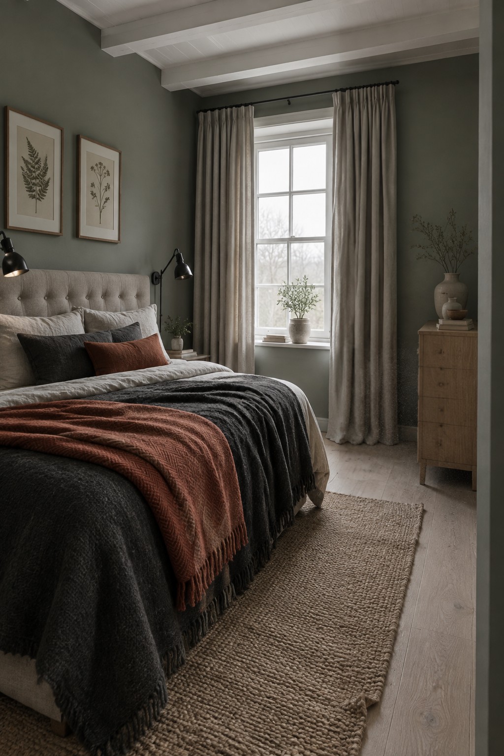 Muted sage green walls in a bedroom with light wood flooring and neutral textiles.
