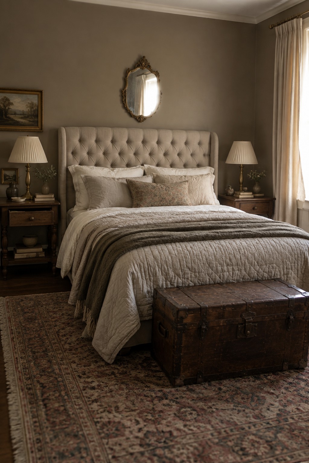 Neutral bedroom with tufted bed, antique trunk, ornate mirror, lamps, and patterned rug.