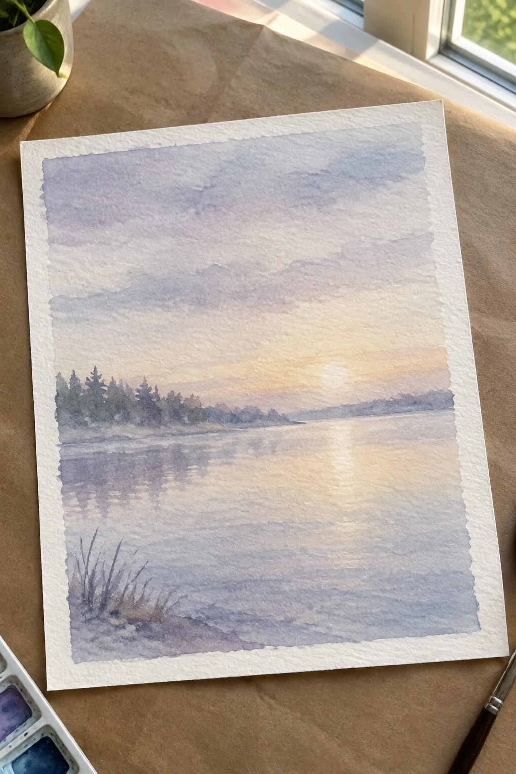 Watercolor painting of sunset over calm lake with tree-lined shore and reflections
