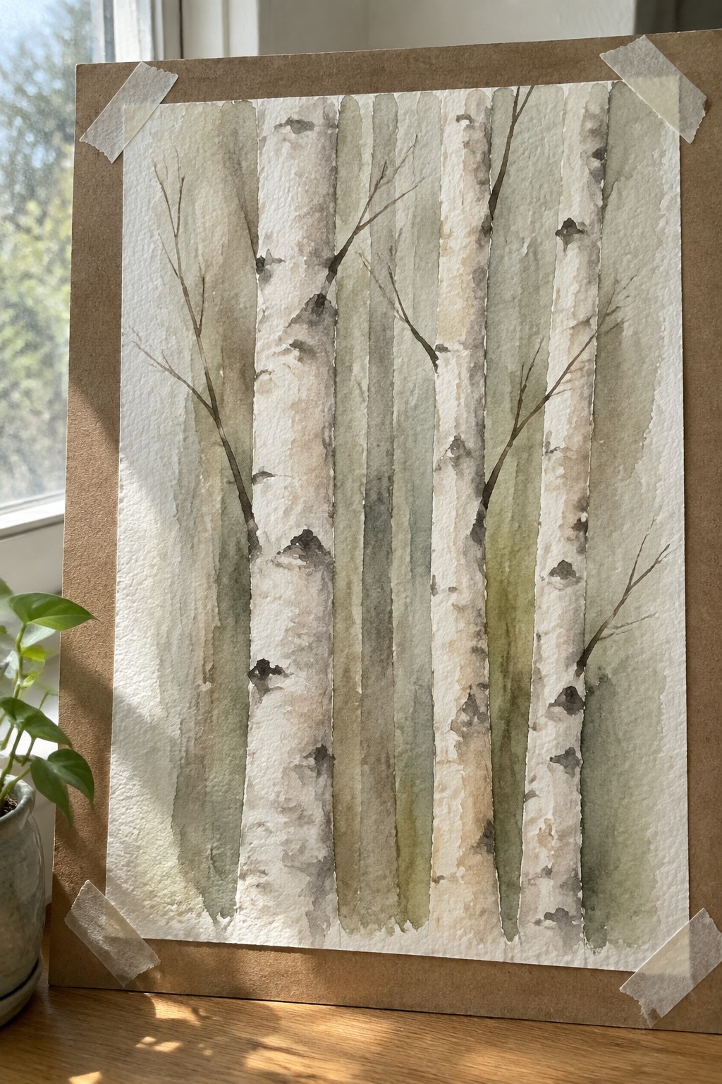 Watercolor birch trees with white, green, and gray trunks taped to brown board beside plant