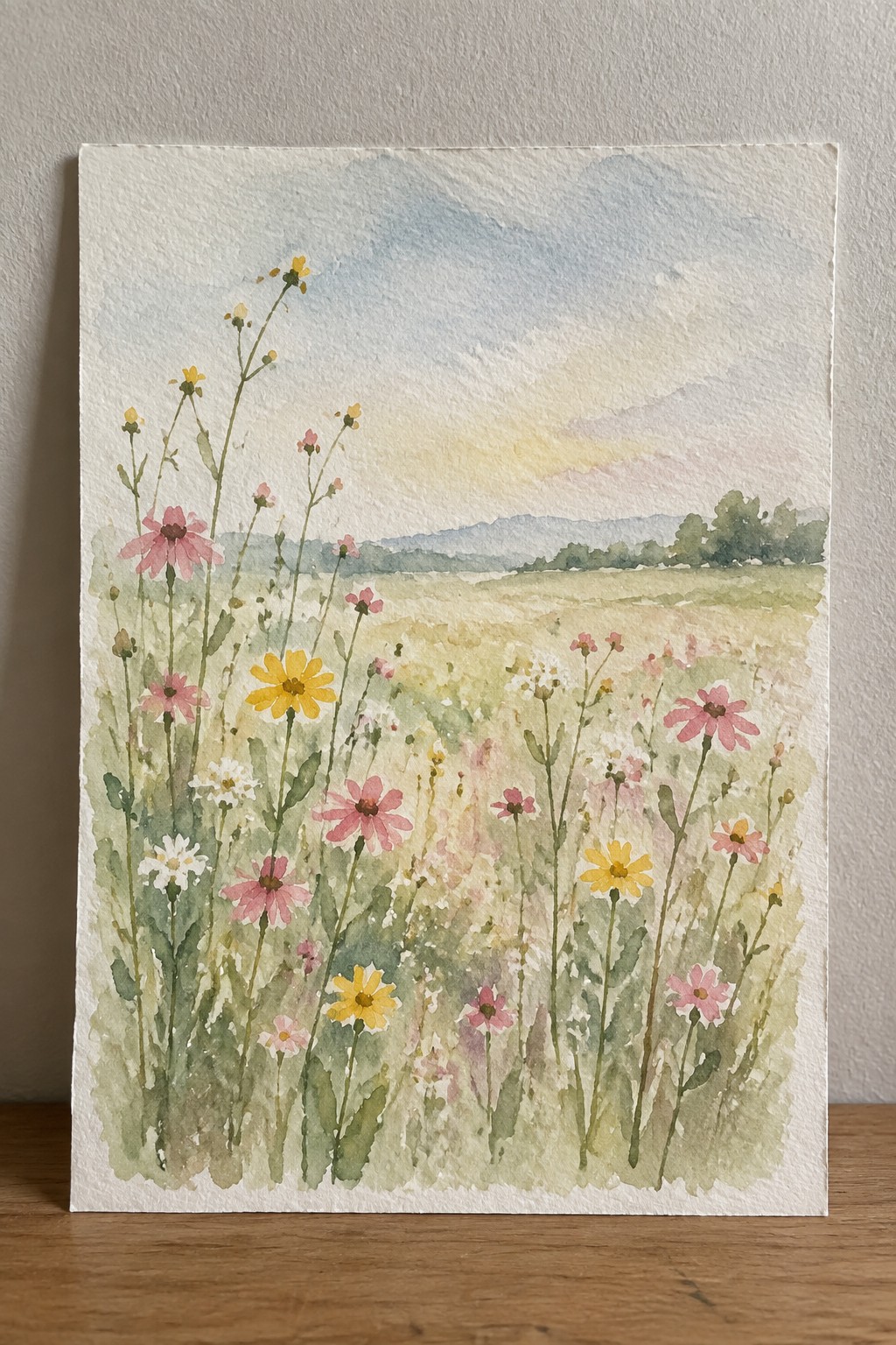Watercolor wildflowers in pink and yellow blooming across a meadow with distant hills