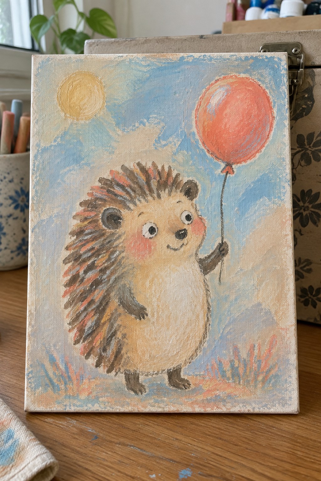 Whimsical acrylic painting of a smiling hedgehog holding a red balloon under a sunny blue sky.