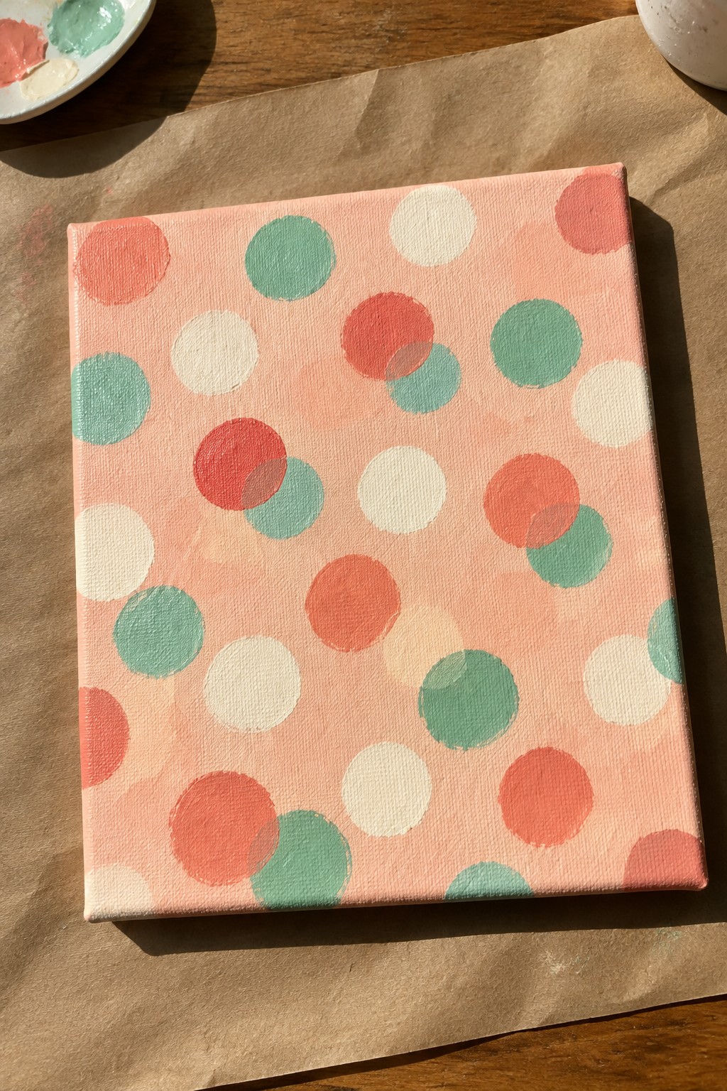 Canvas with pink background and red, white, teal polka dots on brown paper.