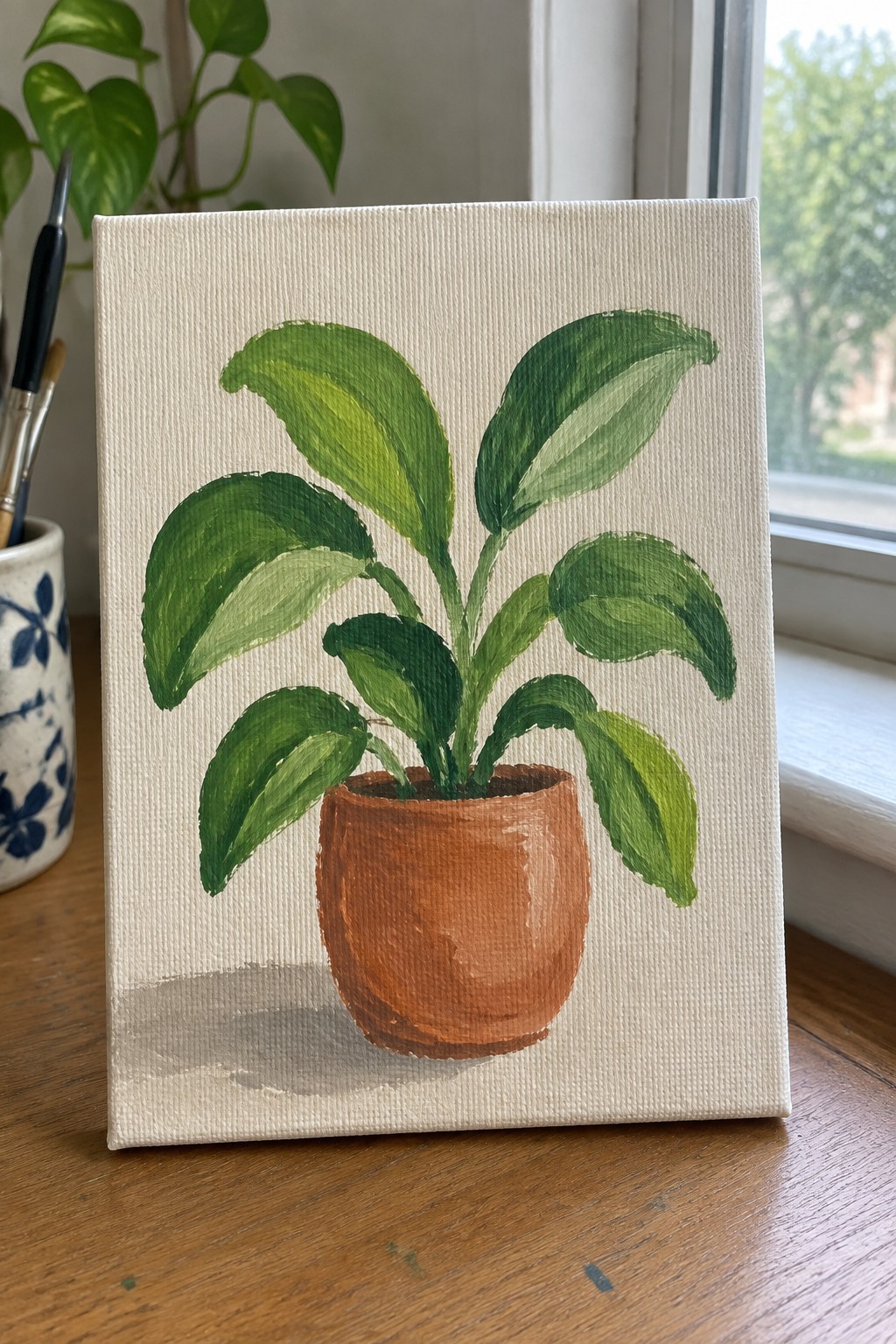 Small canvas painting of leafy green plant in brown terracotta pot on wood.
