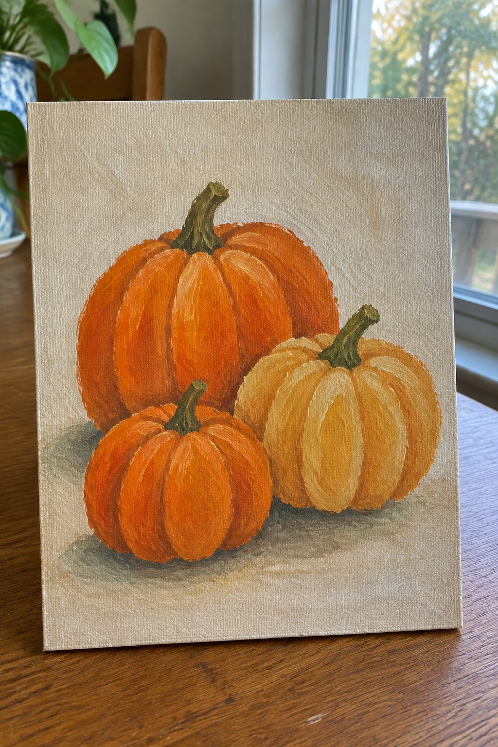 Three orange and yellow pumpkins painted on canvas atop a wooden table