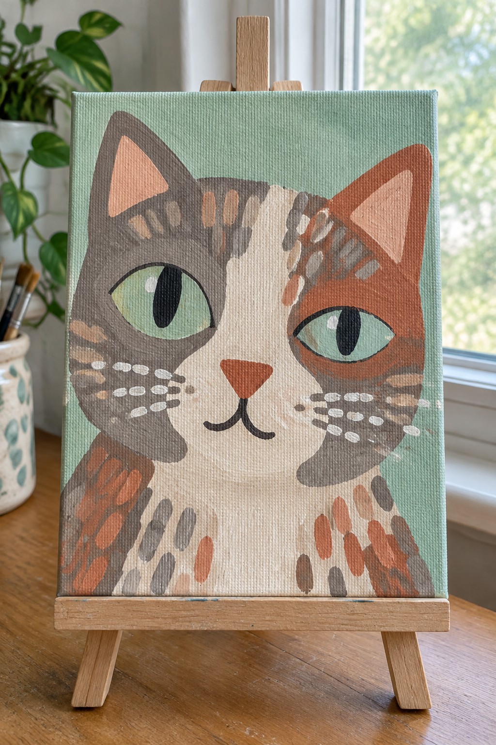Cat face painting on canvas atop wooden easel near potted plant