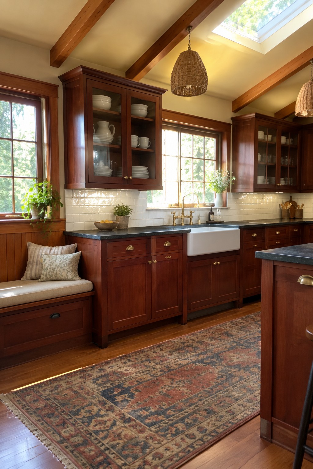 A Craftsman kitchen with creamy white walls and dark stained wood cabinetry.