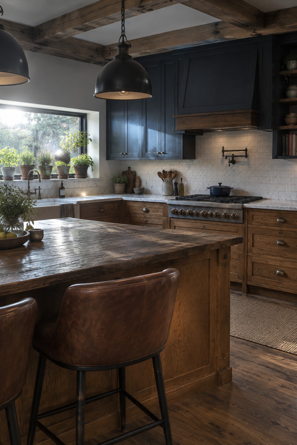 Dark navy cabinets above a wood kitchen island with white tile backsplash.