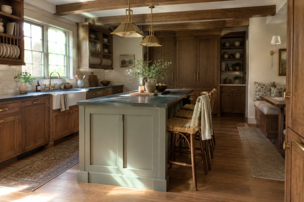 24 Sophisticated Craftsman Kitchen Paint Colors Designed for Stained Wood Cabinetry Rustic kitchen with green island, woven bar stools, wooden beams, and pendant lights