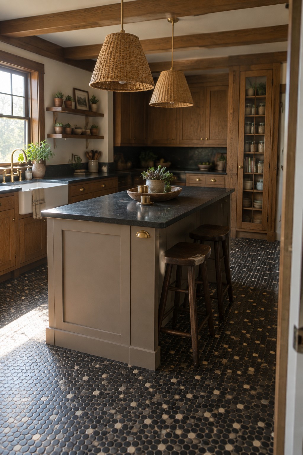 A kitchen island painted in warm greige sits beside dark stone counters and stained wood cabinetry.