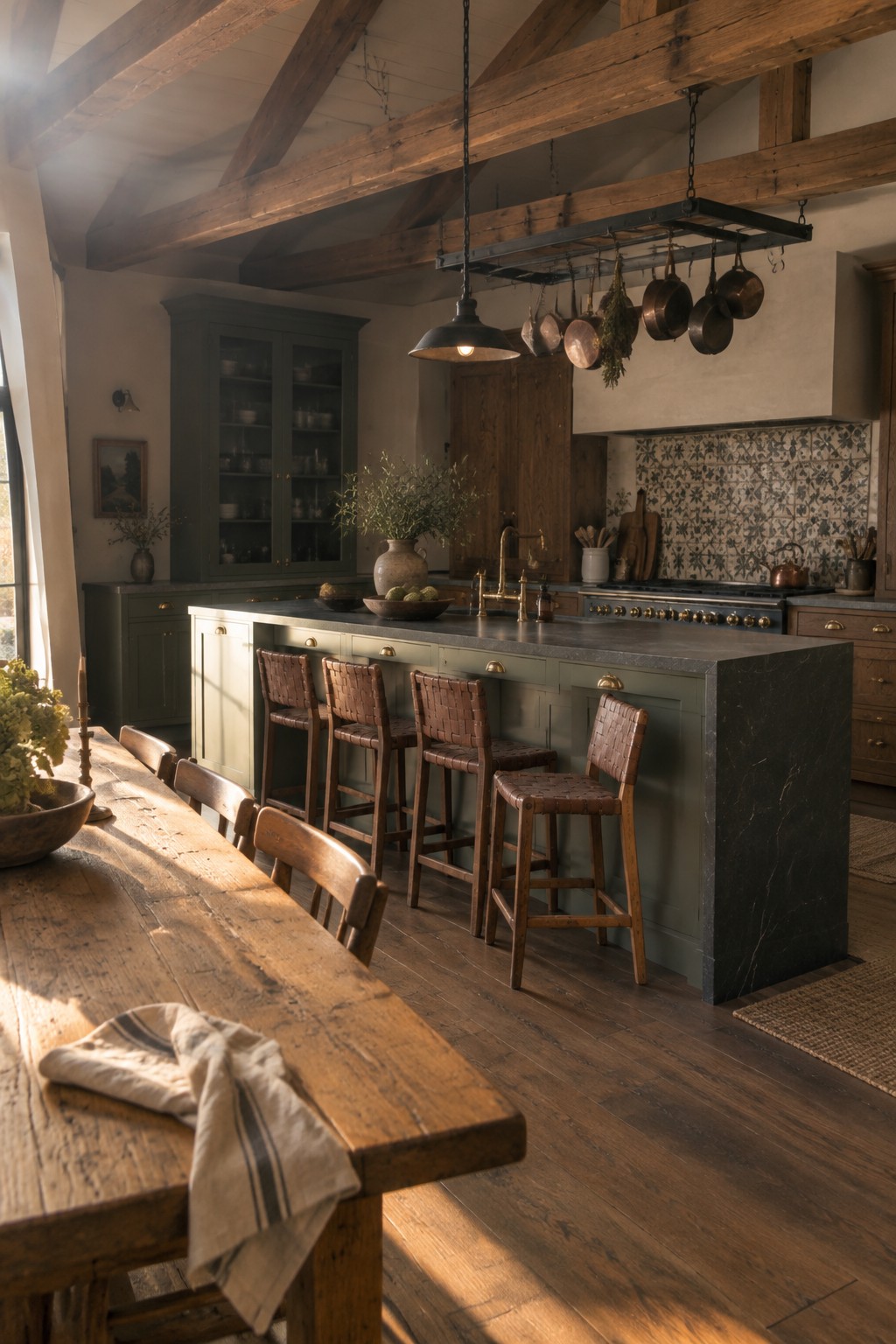 A muted sage green painted on the kitchen island and lower cabinets in a rustic space with stained wood and dark stone.