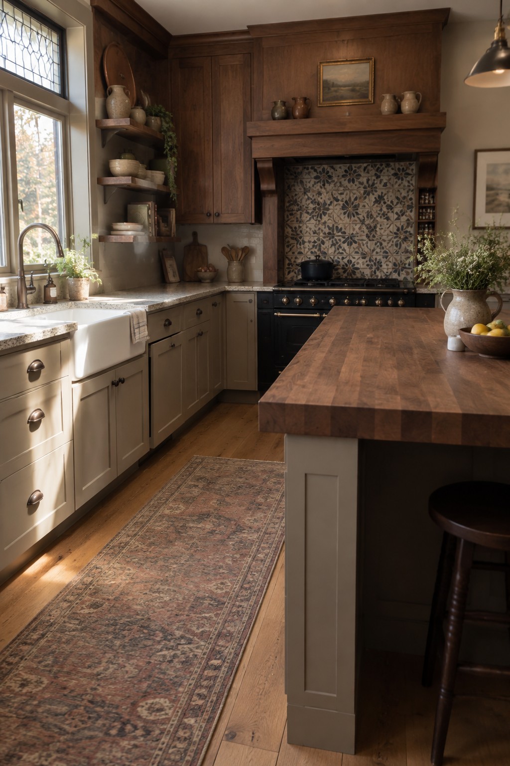 A Craftsman kitchen with muted sage green base cabinets and island next to stained wood upper cabinets.