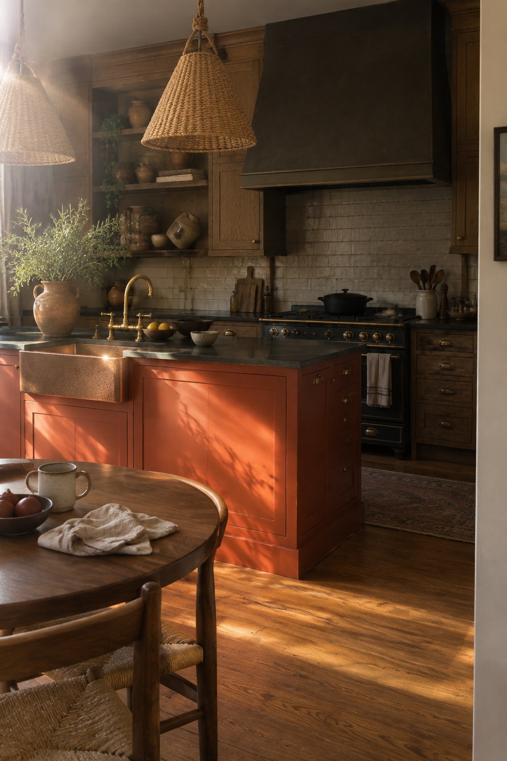 A kitchen island painted in warm terracotta red sits beside stained wood cabinetry and a dark countertop.
