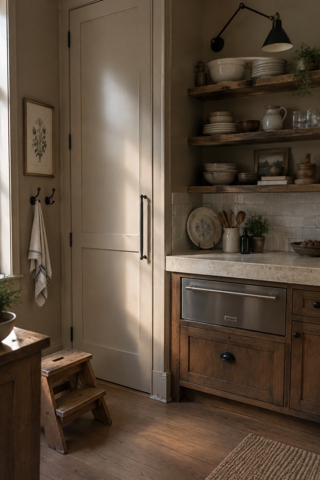 Soft warm beige walls and door in a kitchen with stained wood cabinets and open shelves.