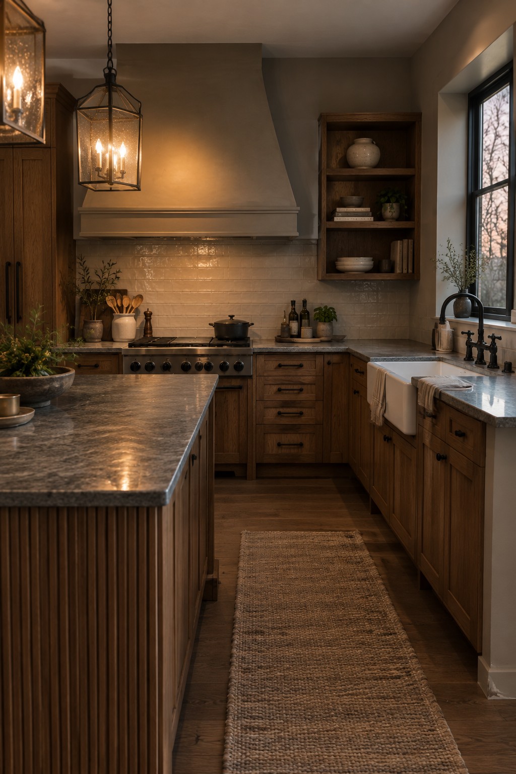 A kitchen with warm beige walls and stained wood cabinets.