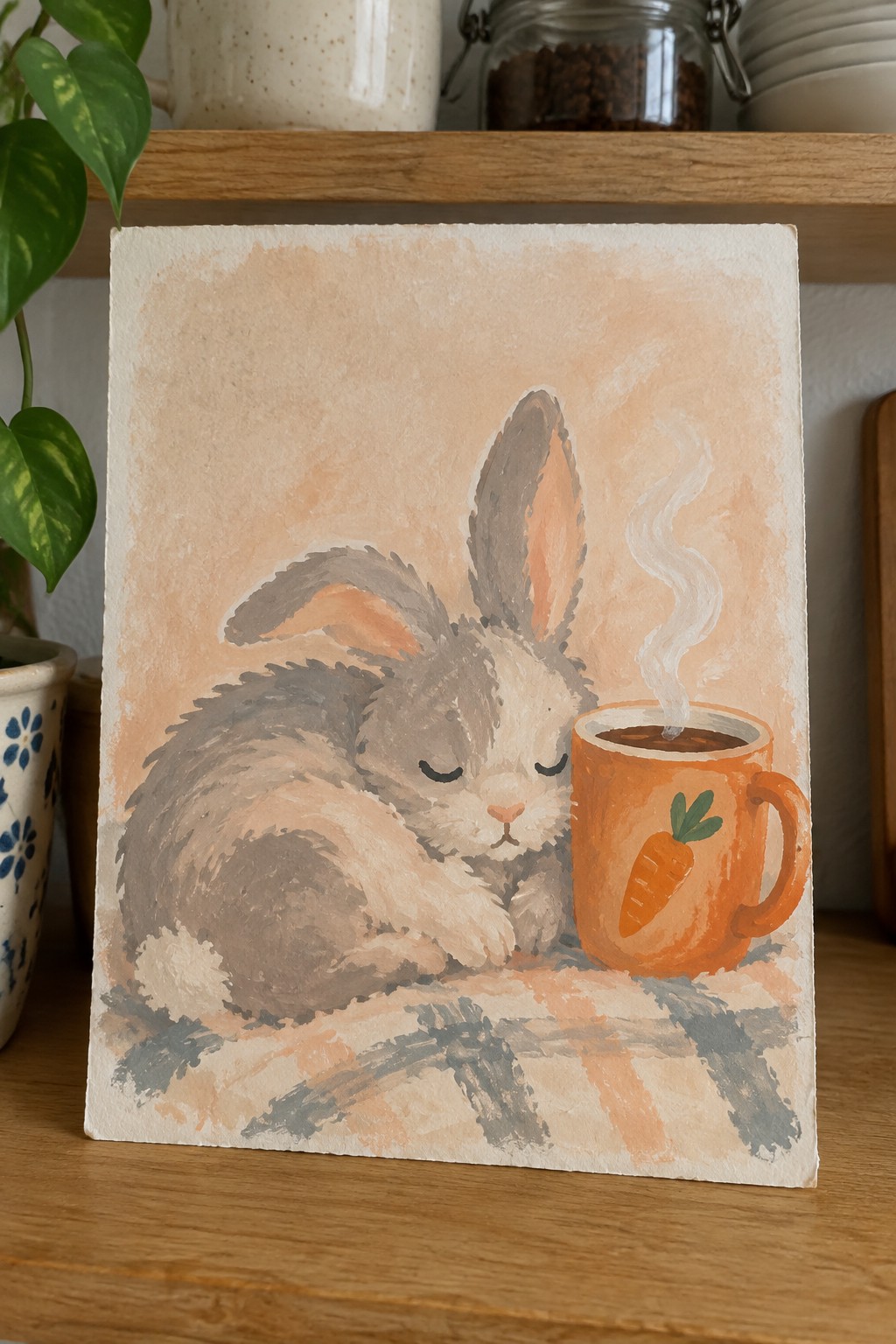 Watercolor of sleeping gray rabbit curled beside steaming orange carrot mug on striped cloth