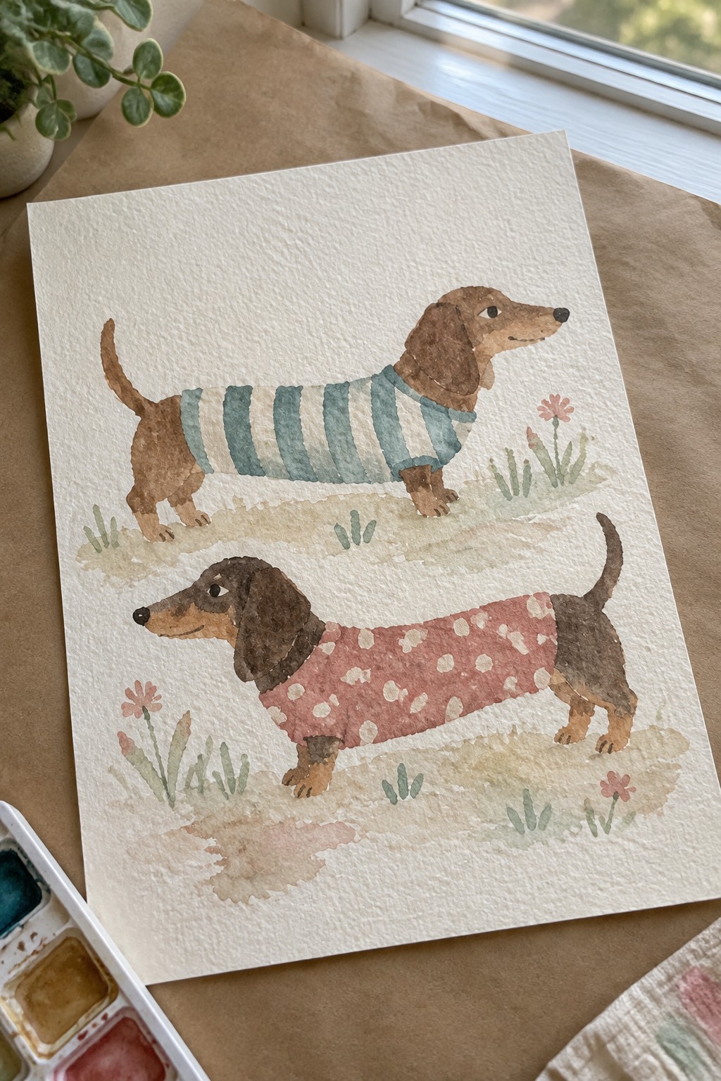 Watercolor of two dachshunds in striped and polka-dot sweaters on grassy ground with flowers