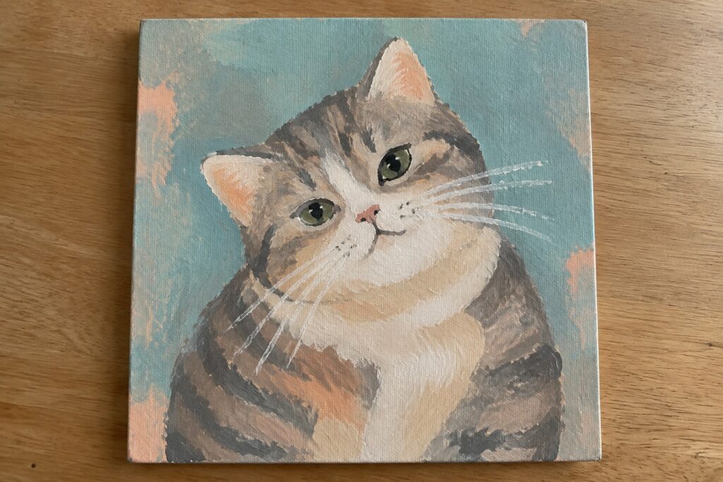 Tabby cat with green eyes painted on canvas against teal background