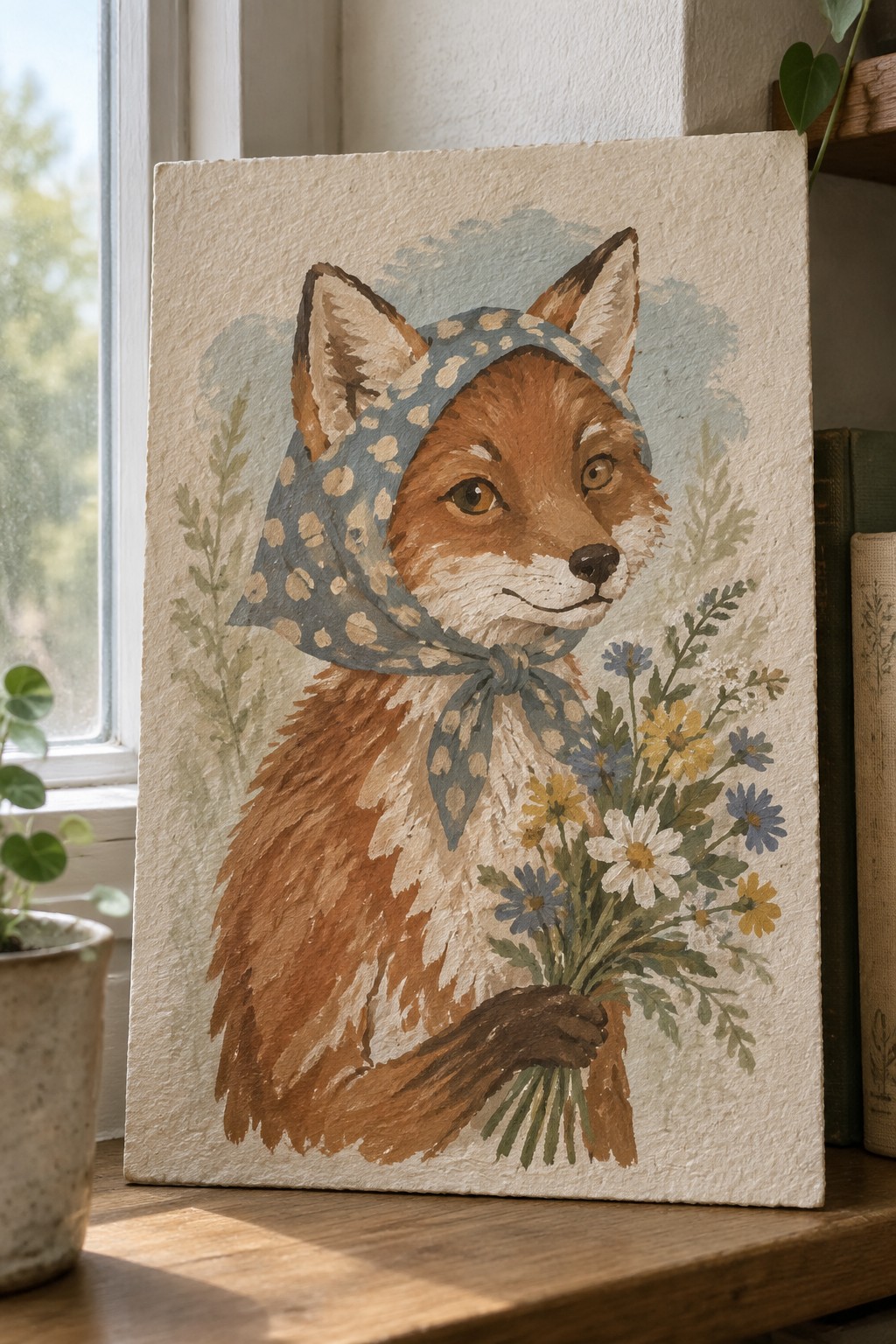Watercolor fox in blue polka-dot scarf holding wildflower bouquet on wooden windowsill