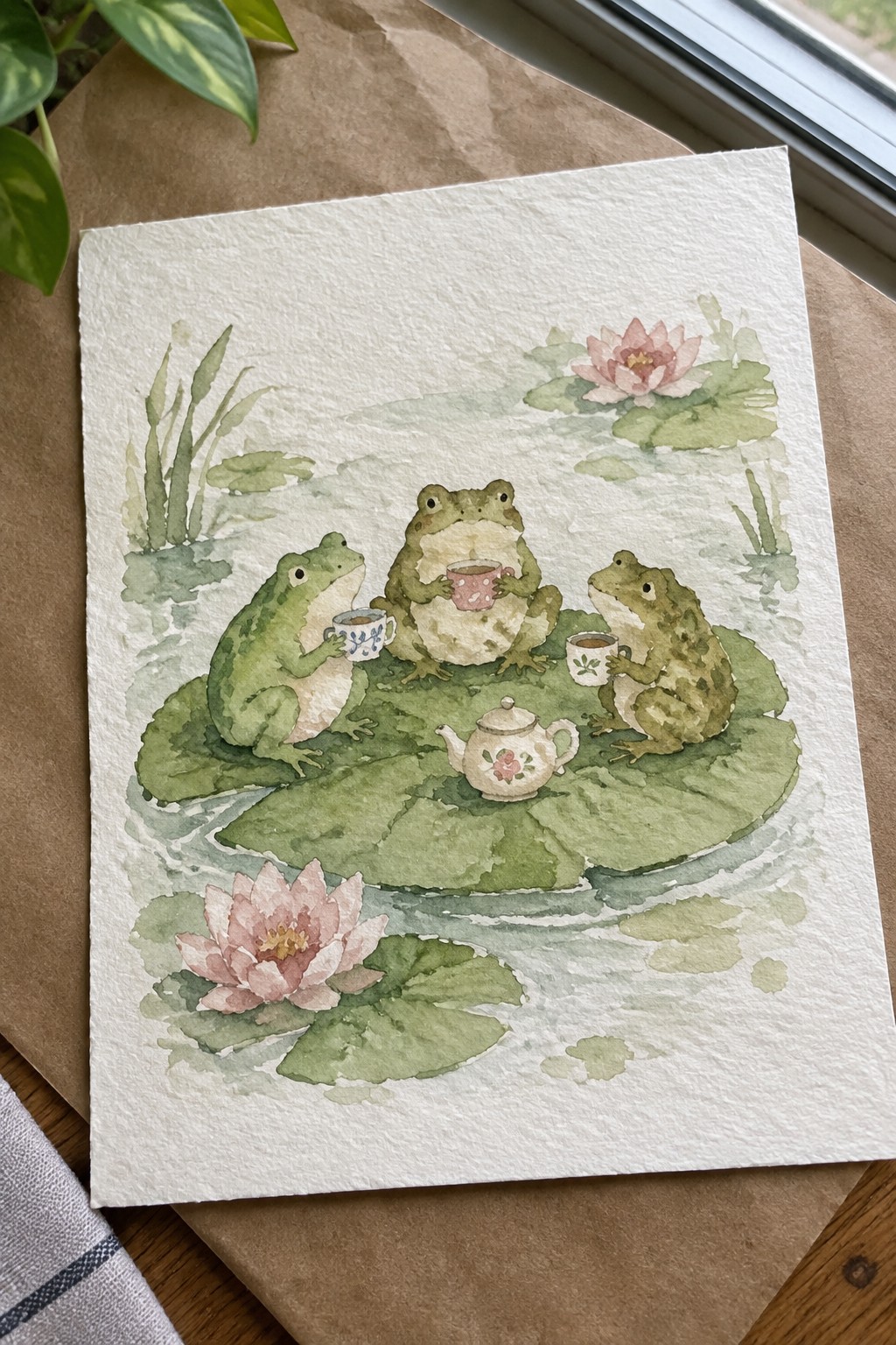Three frogs sipping tea on lily pads amid pink lotus flowers in watercolor style.