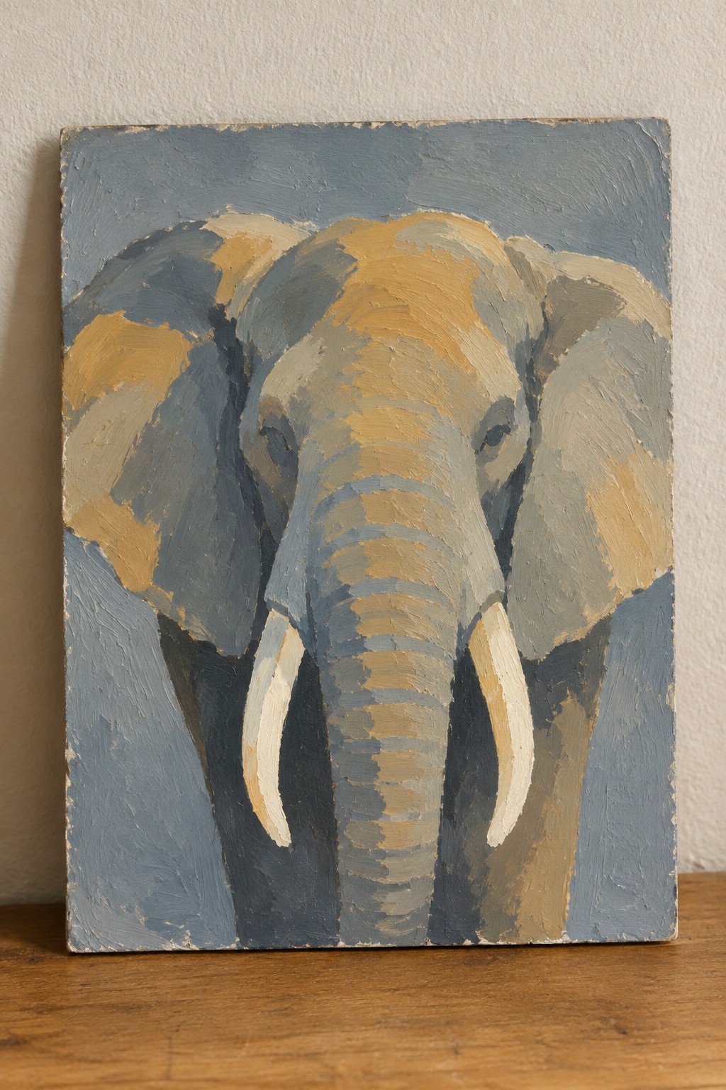 Elephant head painting with tusks in textured blue, gray, and ochre brushstrokes