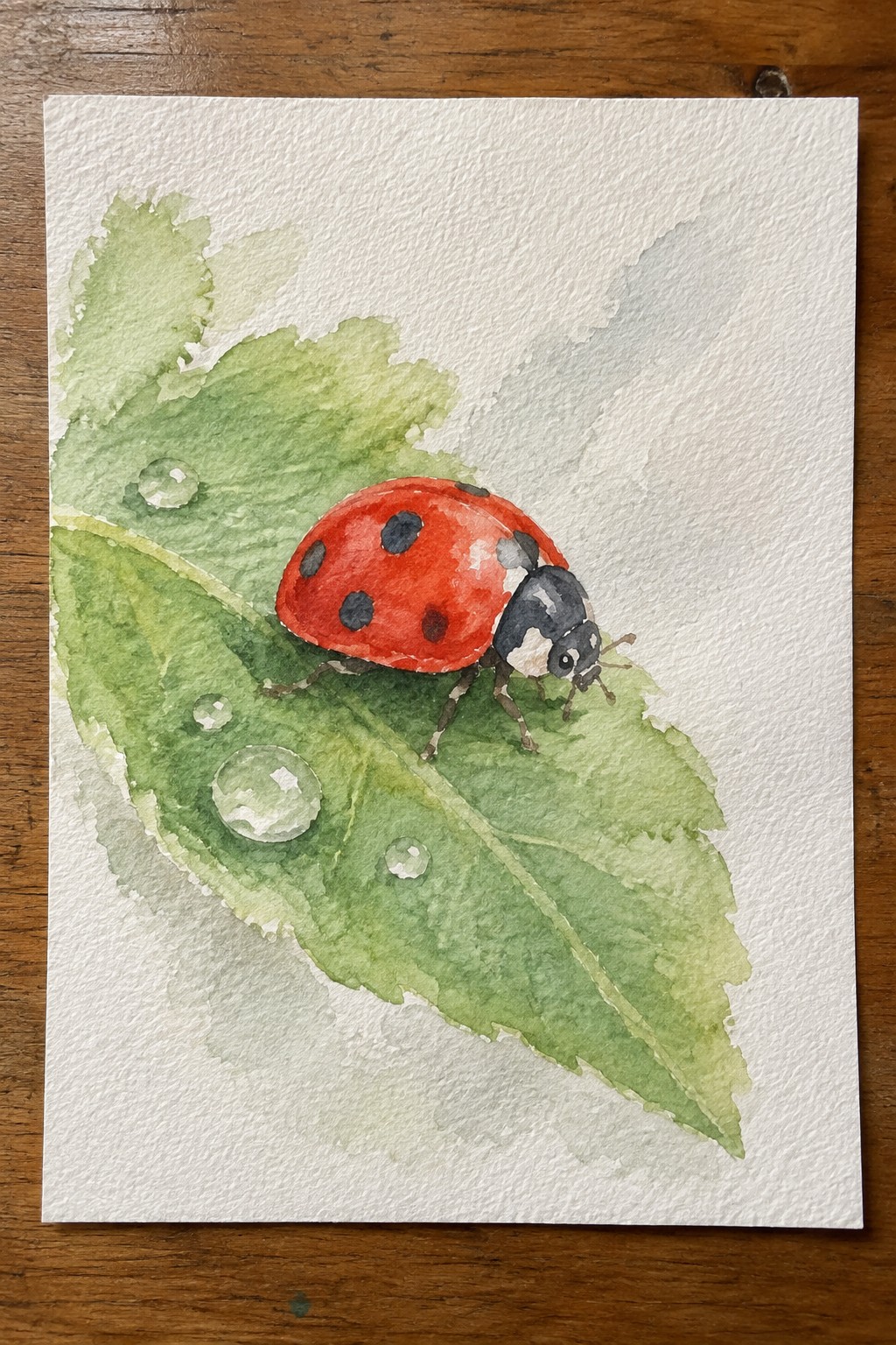 Watercolor of red ladybug with black spots on green leaf with dew drops.
