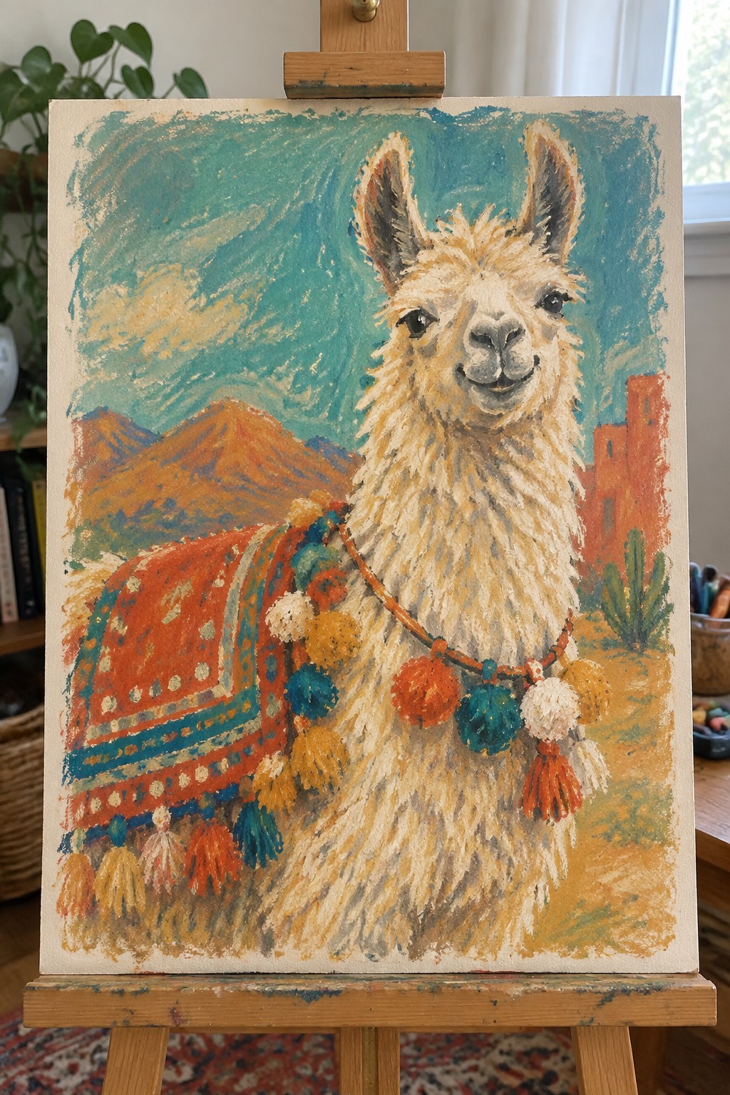 Vibrant painting of smiling llama with colorful pom-pom necklace and patterned blanket on easel