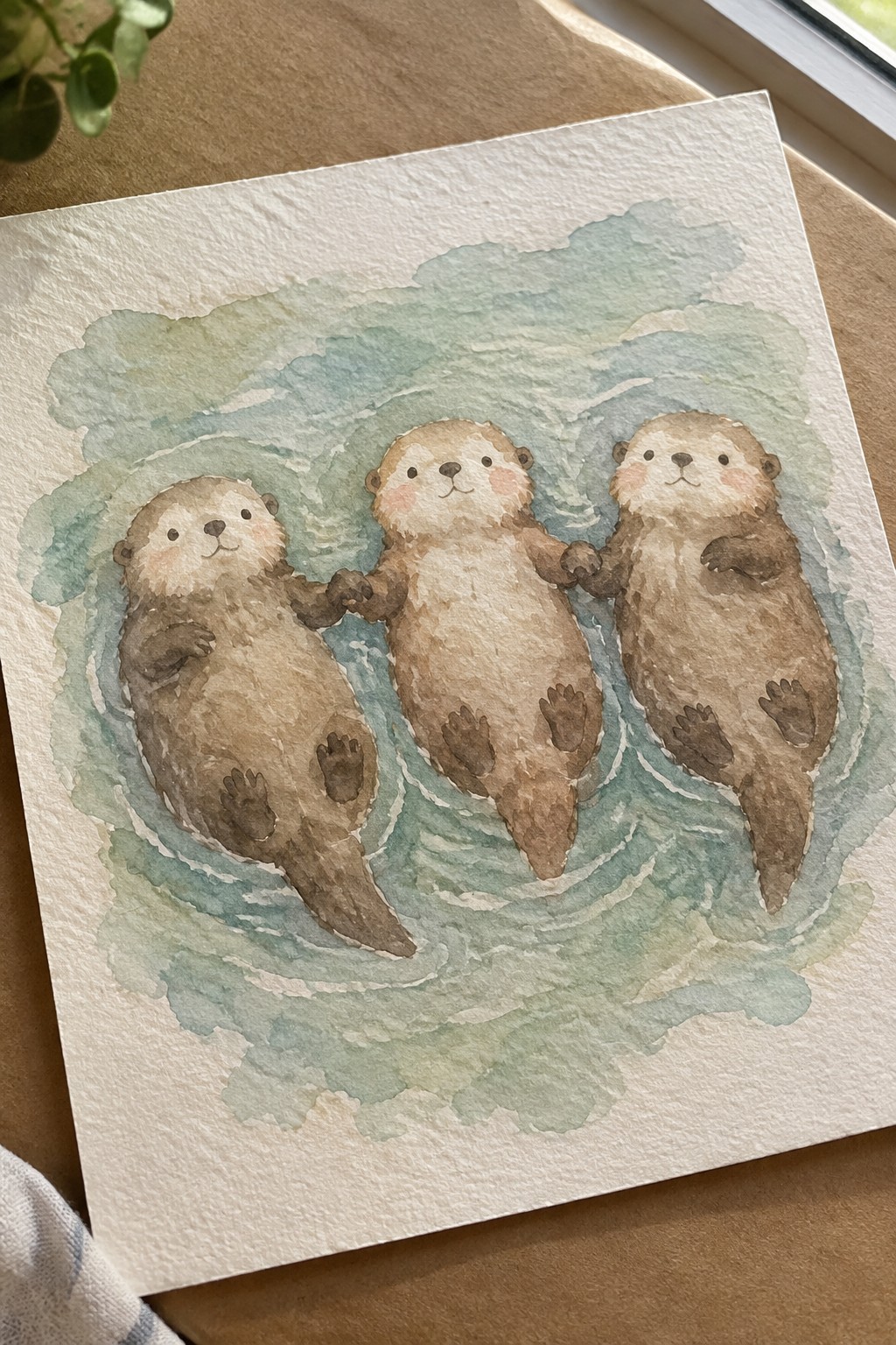 Watercolor painting of three otters holding paws in swirling turquoise water.