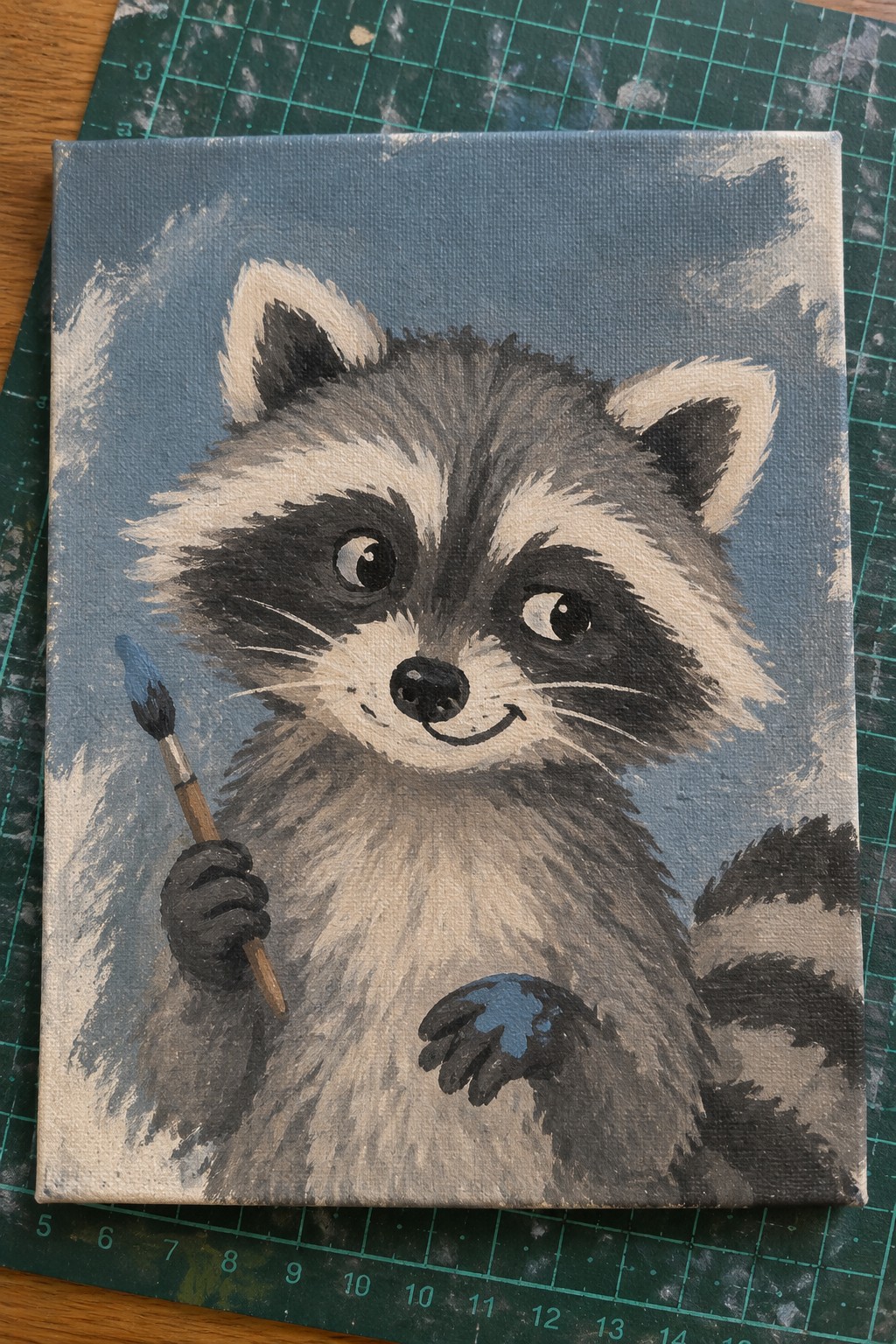 Cute cartoon raccoon holding paintbrush with blue paint on its paw