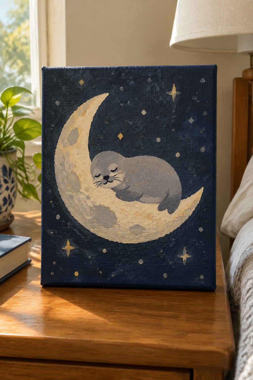 Gray seal sleeping on crescent moon with gold stars in dark blue night sky
