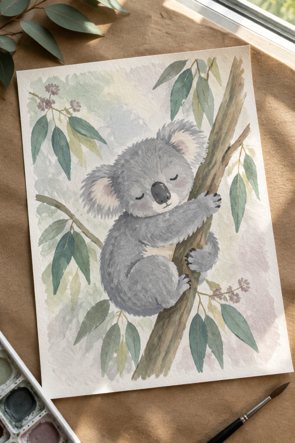 Sleeping gray koala on eucalyptus branch in soft watercolor with palette and brush