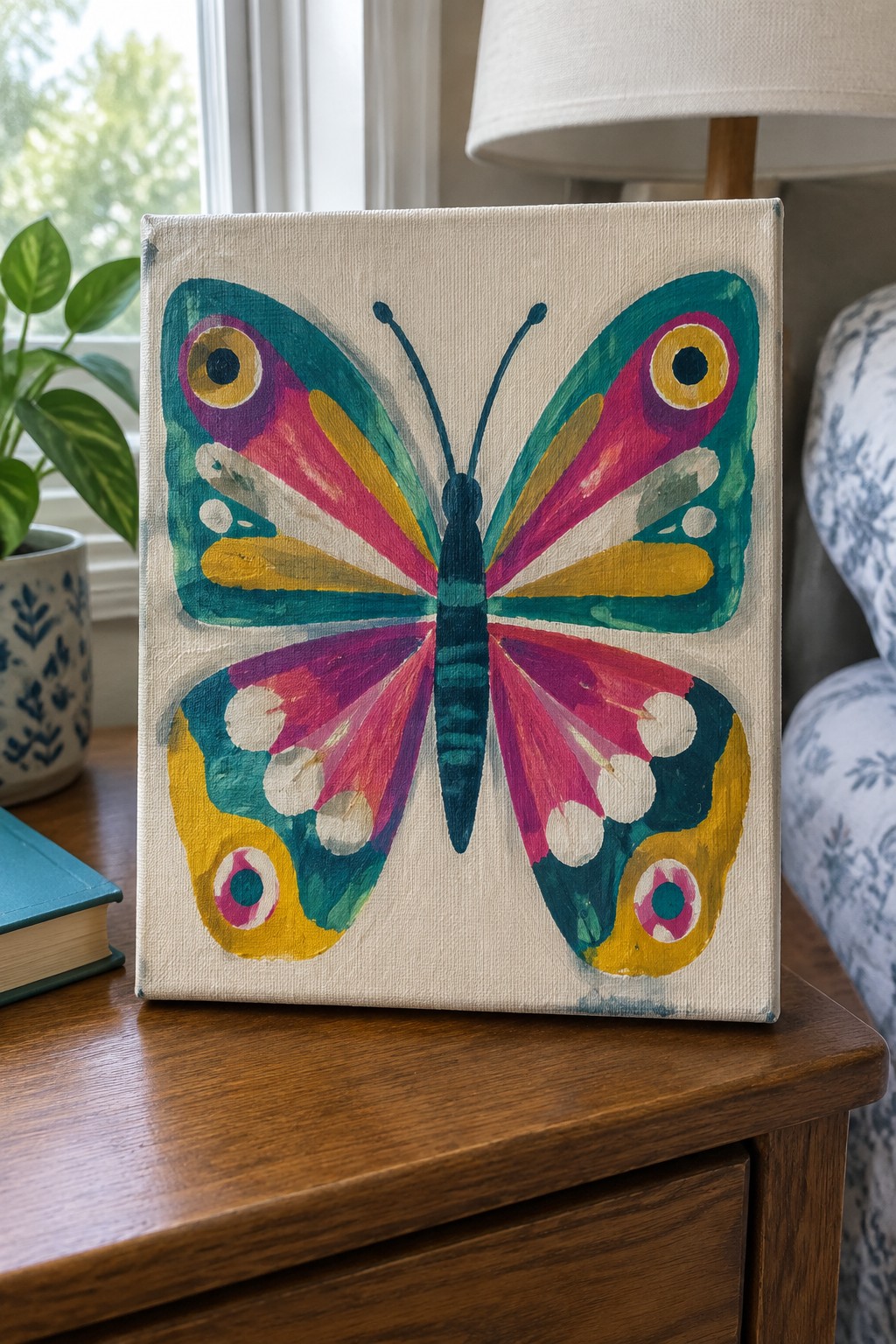 Colorful butterfly painting with teal pink yellow wings on canvas atop wooden table