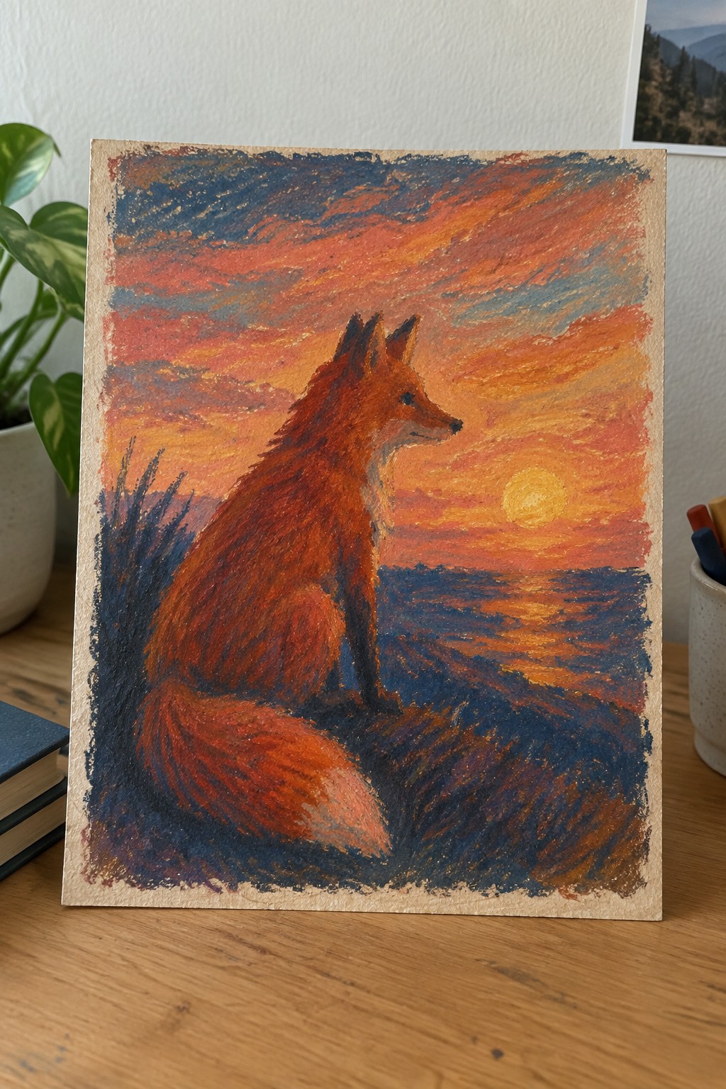 Red fox sits on a cliff viewing a vibrant orange-red ocean sunset.