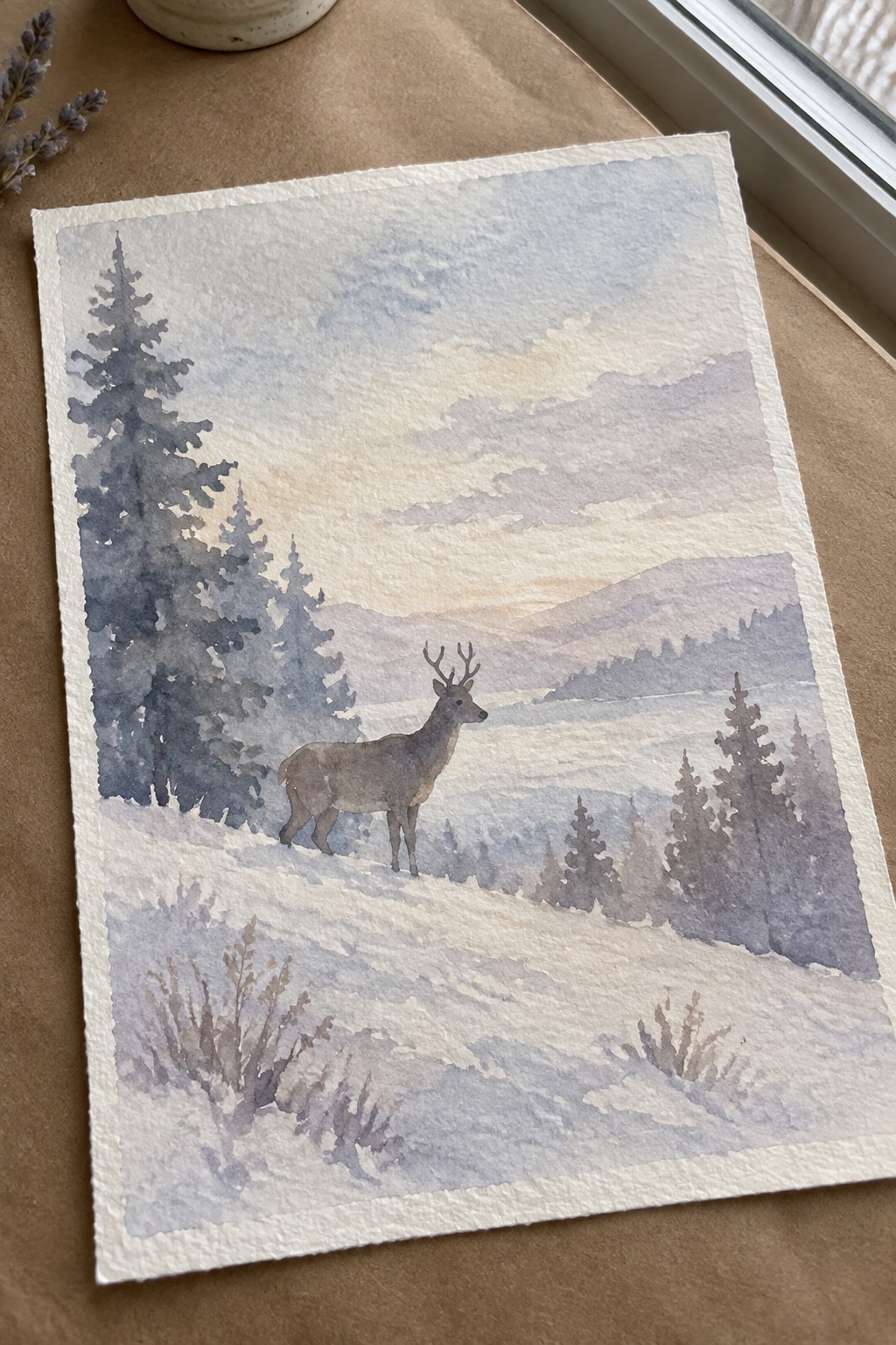 A watercolor painting of a deer standing on a snowy hill with pine trees on the left and mountains in the background.