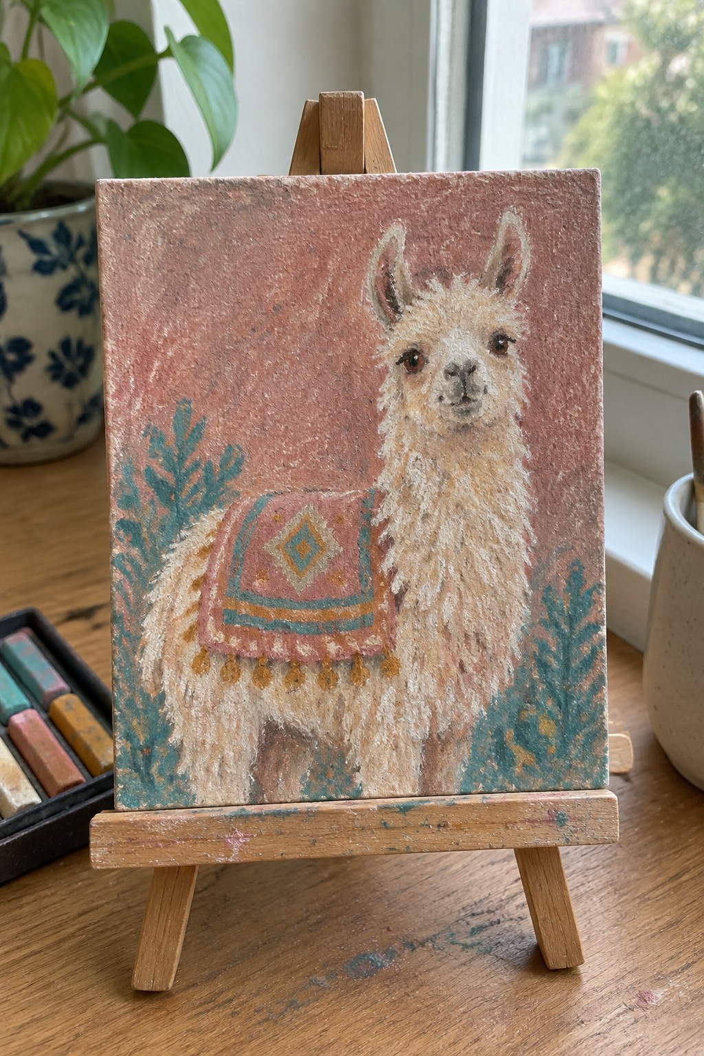 Pastel painting of fluffy llama with patterned blanket on wooden easel