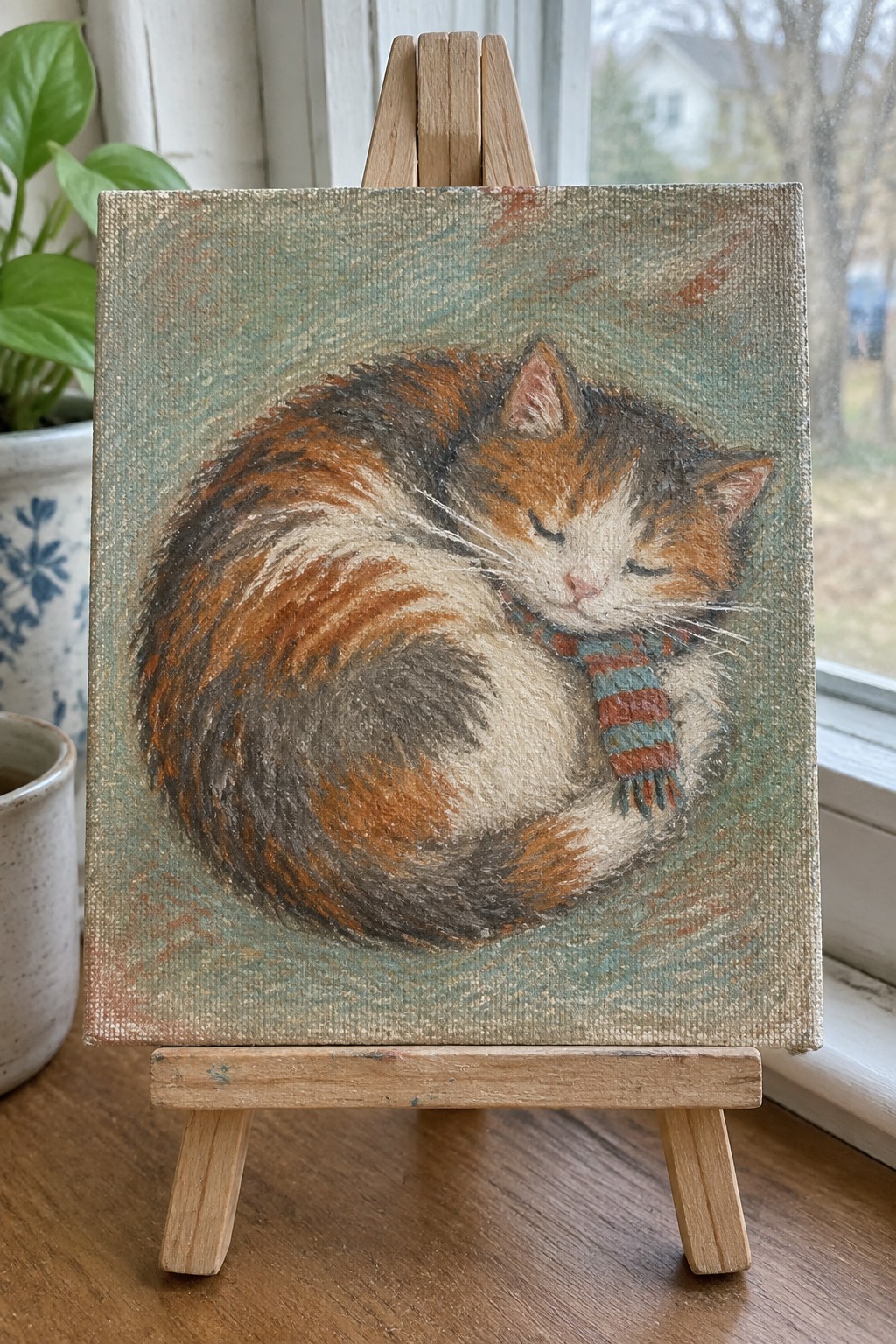 Painting of sleeping calico cat curled in striped scarf on wooden easel.
